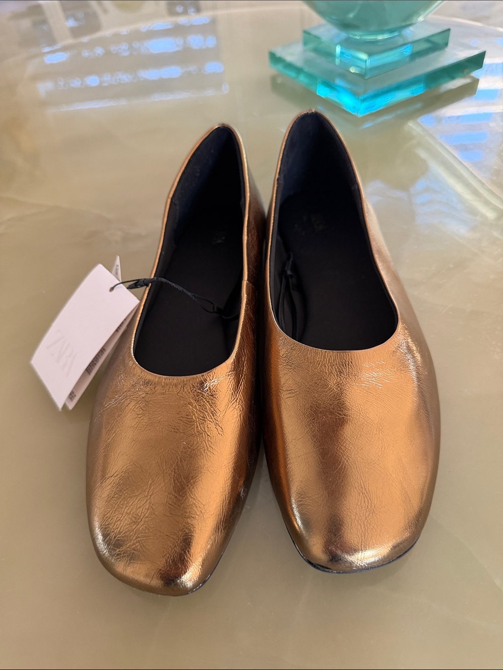Zara Bronze Metallic Leather Square Toe Ballet Flats NWT Sz 37 38 39 40 41